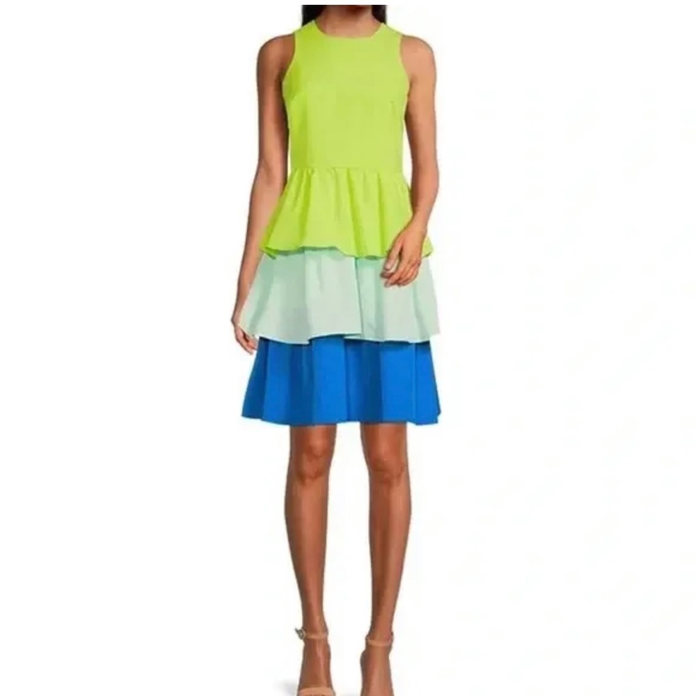 LDT Bailey Color Block Ruffle Crew Neck Sleeveless Tiered A-Line Dress Size 4